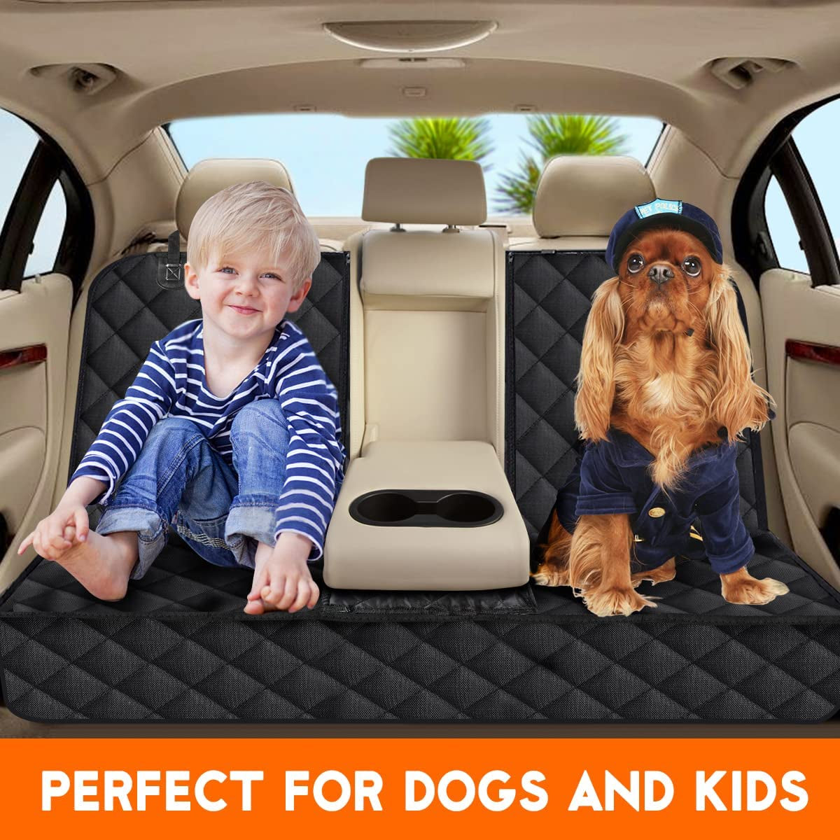 Funda para Asiento de Auto para Perros, Protector Impermeable para Asiento Trasero del Coche, Funda de Banco Antideslizante para Mascotas con Apertura para Apoyabrazos Central, Compatible con la Mayoría de Autos, Camionetas y SUVs - Negro.
