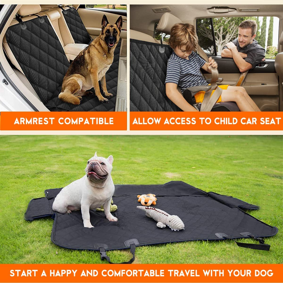 Funda para Asiento de Auto para Perros, Protector Impermeable para Asiento Trasero del Coche, Funda de Banco Antideslizante para Mascotas con Apertura para Apoyabrazos Central, Compatible con la Mayoría de Autos, Camionetas y SUVs - Negro.